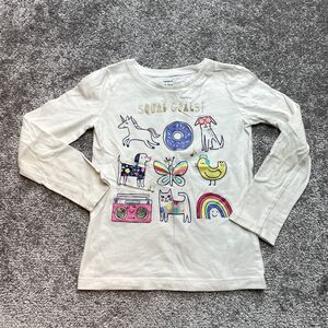 Carter's Shirt Girls 6 / 6X White Long Sleeve Cute Things Unicorn Dog Cat Happy